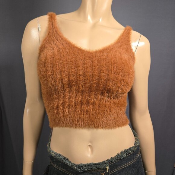 Y2K Brown Knit Crop Top Knit Fuzzy Fluffy Tank Size S Grunge Made In Italy - Picture 1 of 7